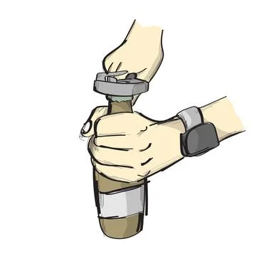 Hand using opener on beverage bottle with cap illustration vector sketch Illustrazione stock