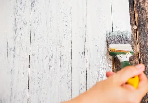 Hand using paintbrush decorating or painting old wood brown color to white co Stock Photos