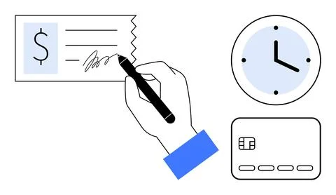 Hand using pen to sign a check, clock showing time, credit card in foreground イラスト素材