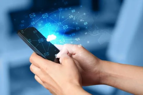 Hand using phone with centralized cloud computing system concept 스톡 사진