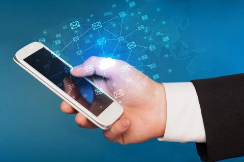 Hand using phone with centralized cloud computing system concept 스톡 사진