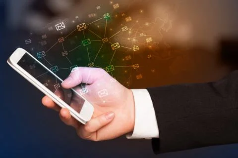 Hand using phone with centralized cloud computing system concept Stock Photos