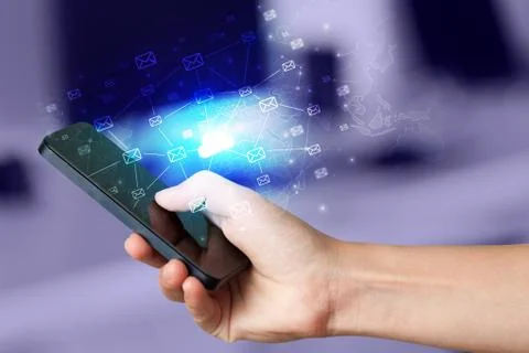 Hand using phone with centralized cloud computing system concept Stock Photos