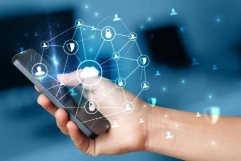 Hand using phone with centralized linked cloud system concept Stock Photos