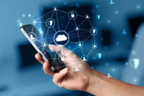 Hand using phone with centralized linked cloud system concept Stock Photos