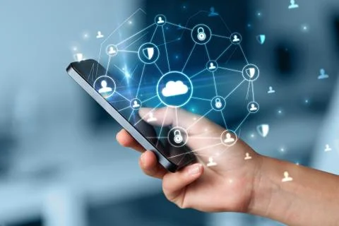 Hand using phone with centralized linked cloud system concept Stock Photos