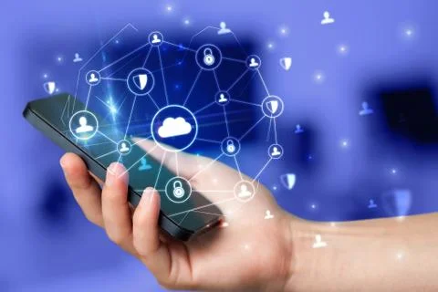 Hand using phone with centralized linked cloud system concept Stock Photos