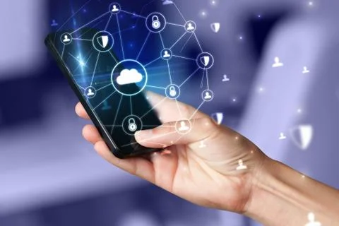 Hand using phone with centralized linked cloud system concept Stock Photos