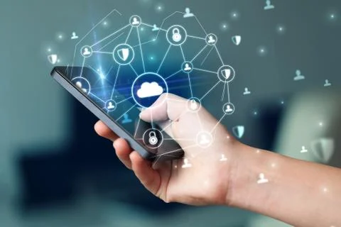 Hand using phone with centralized linked cloud system concept Stock Photos