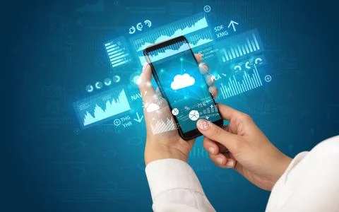 Hand using phone with financial tracking concept Stock Photos