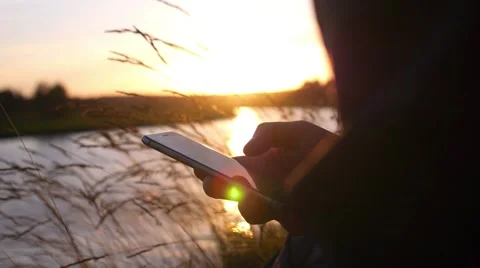 Hand Using Phone at Sunset with Nature Background Stock Footage 66540129