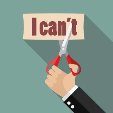 Hand using scissors to remove the word can't to read I can Stock Illustration
