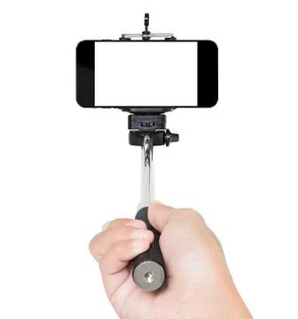 Hand using selfie stick isolated white clipping path inside Stock Photos