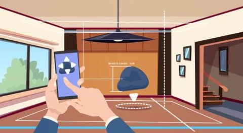 Hand Using Smart Home App Of Control System Over Living Room Background Stock Illustration
