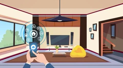Hand Using Smart Home App Interface Of Control Panel Over Living Room Interior イラスト素材