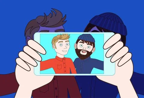 Hand Using Smart Phone Camera Take Selfie Photo Of Two Young Guys Stock Illustration