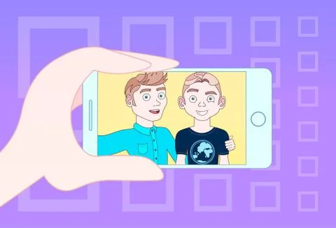 Hand Using Smart Phone For Selfie Photo Of Two Young Guy Stock Illustration