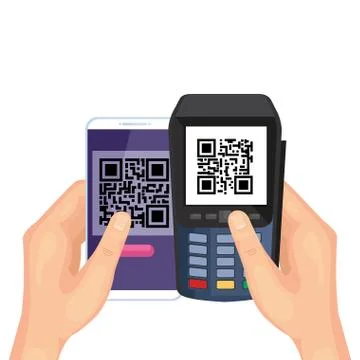 Hand using smartphone and dataphone with scan code qr Stock Illustration