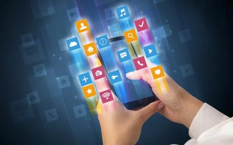 Hand using smartphone with angular app icons 스톡 사진