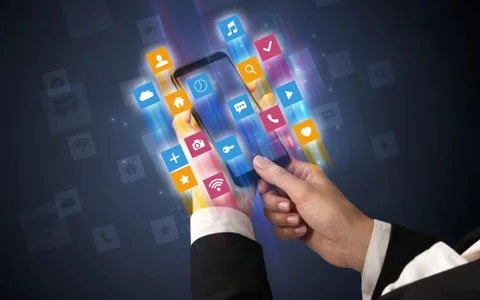 Hand using smartphone with angular app icons 스톡 사진