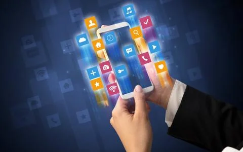 Hand using smartphone with angular app icons 스톡 사진