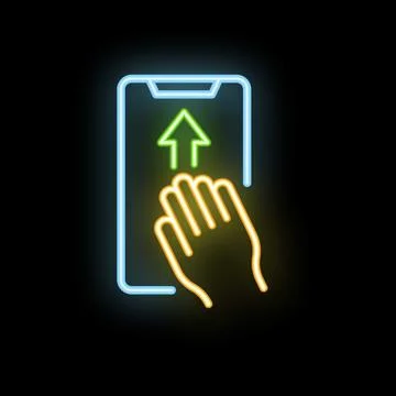 Hand using smartphone with up arrow neon sign on black background Illustrazione stock
