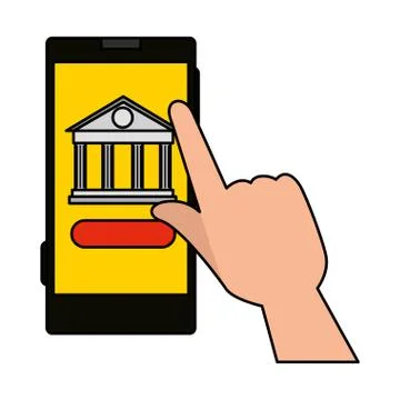 Hand using smartphone with bank building app Ilustración de archivo