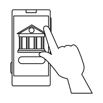 Hand using smartphone with bank building app Ilustración de archivo