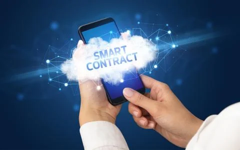 Hand using smartphone with cloud business concept Foto stock