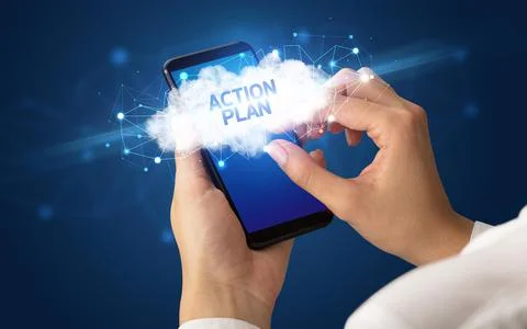 Hand using smartphone with cloud business concept Foto stock