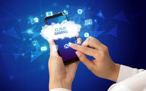 Hand using smartphone with cloud technology concept Foto stock