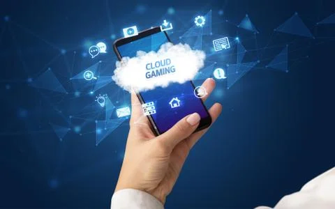 Hand using smartphone with cloud technology concept Foto stock