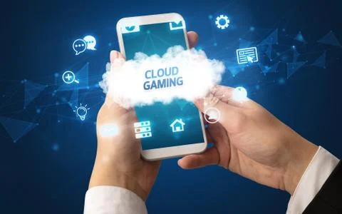 Hand using smartphone with cloud technology concept Foto stock