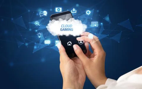 Hand using smartphone with cloud technology concept Foto stock