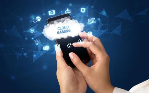 Hand using smartphone with cloud technology concept Foto stock