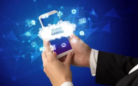 Hand using smartphone with cloud technology concept Foto stock