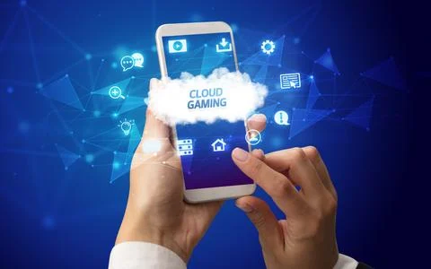 Hand using smartphone with cloud technology concept Foto stock