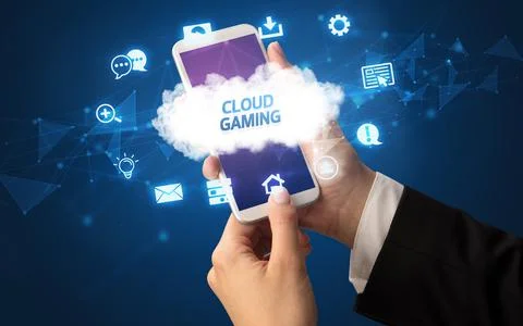Hand using smartphone with cloud technology concept Foto stock