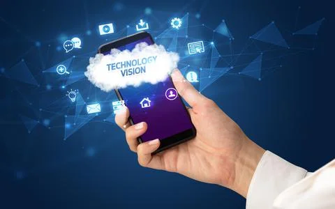 Hand using smartphone with cloud technology concept Foto stock