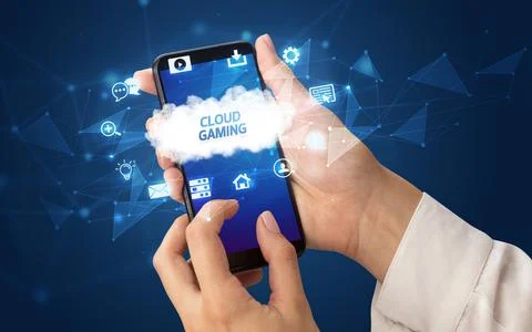 Hand using smartphone with cloud technology concept Stock Photos
