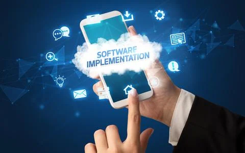 Hand using smartphone with cloud technology concept Foto stock
