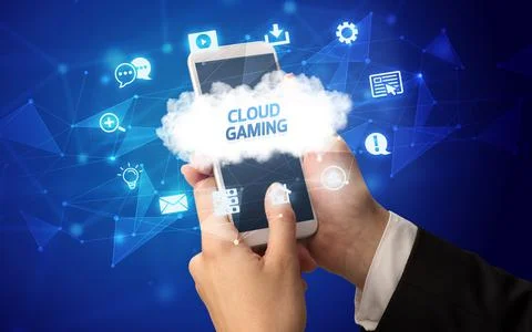 Hand using smartphone with cloud technology concept Foto stock