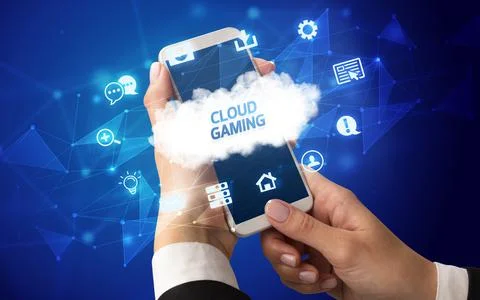 Hand using smartphone with cloud technology concept Foto stock