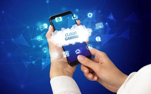 Hand using smartphone with cloud technology concept Foto stock