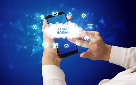 Hand using smartphone with cloud technology concept Foto stock