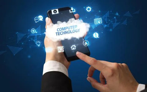 Hand using smartphone with cloud technology concept Stock Photos