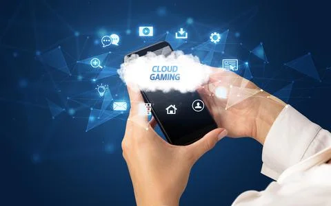 Hand using smartphone with cloud technology concept Foto stock