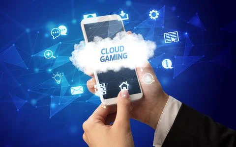 Hand using smartphone with cloud technology concept Foto stock