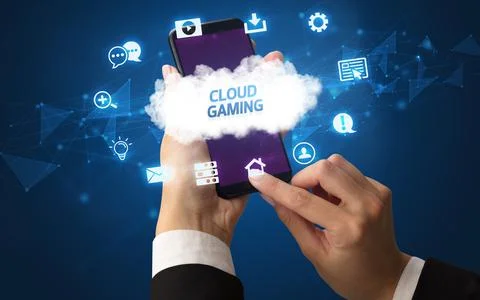 Hand using smartphone with cloud technology concept Foto stock