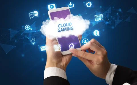Hand using smartphone with cloud technology concept Foto stock